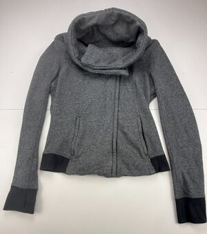 Lululemon Cozy Cuddle Up Jacket Womens 10 Gray Black Cowl Neck Full Zip Fleece